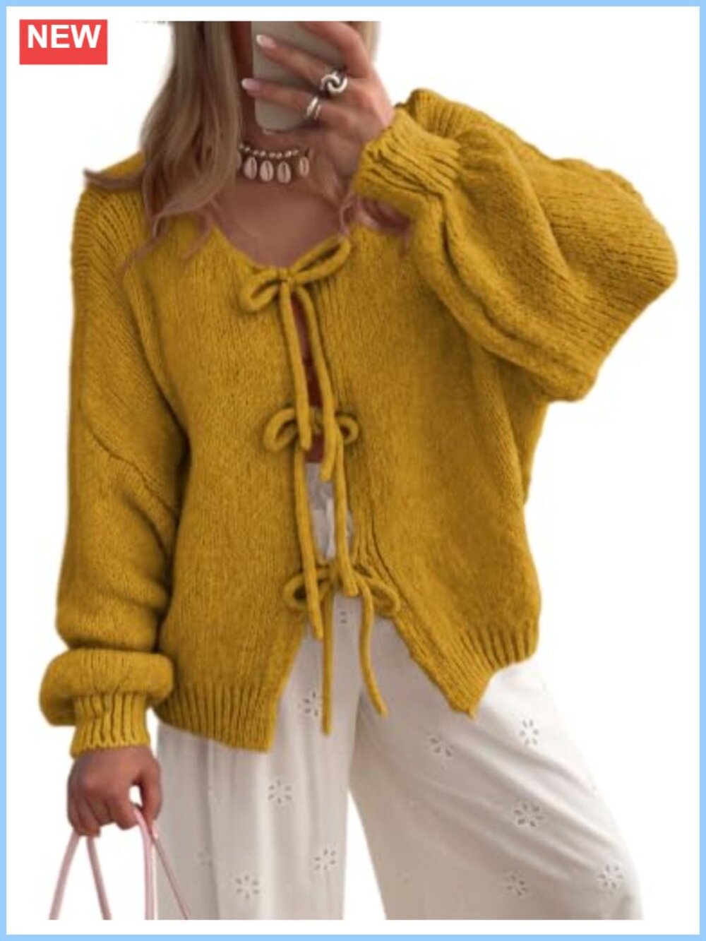 Oversized Bowtie Knit Cardigan V-Neck Long Sleeve Open Front Sweater